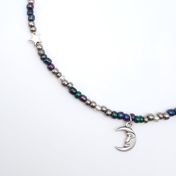 Celestial Moon & Stars Colorful Rainbow Silver Choker Necklace Handmade Jewelry - Picture 3 of 8